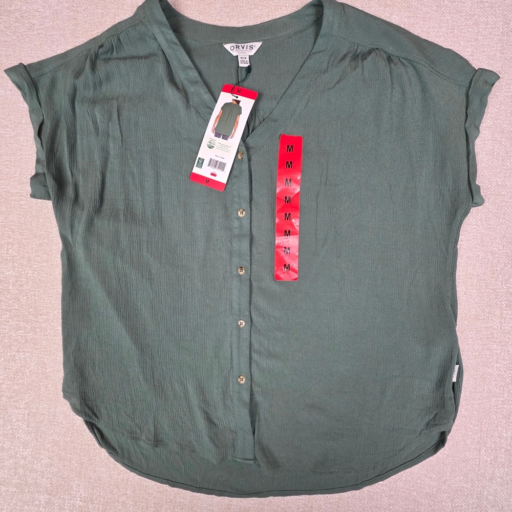 Orvis Womens Green Short Sleeve Button Up Blouse Crinkle Texture Top Medium NEW - Picture 2 of 9